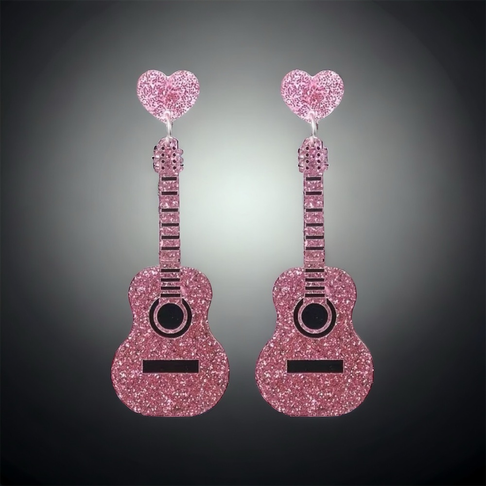 Sparkle with style: Pink guitar glitter‎ acrylic earrings